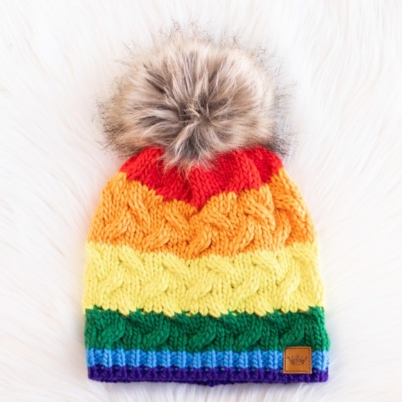 SOLD OUT Rainbow Cable Knit Fleece Lined Faux Fur Pompom Beanie Women's Winter - Picture 4 of 4